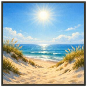 Sunlit Shores coastal beach wall art featuring golden sand dunes, turquoise waves, and a bright blue sky