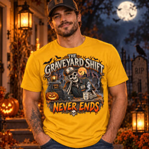 Man wearing gold Graveyard Shift Never Ends Halloween skeleton T-shirt