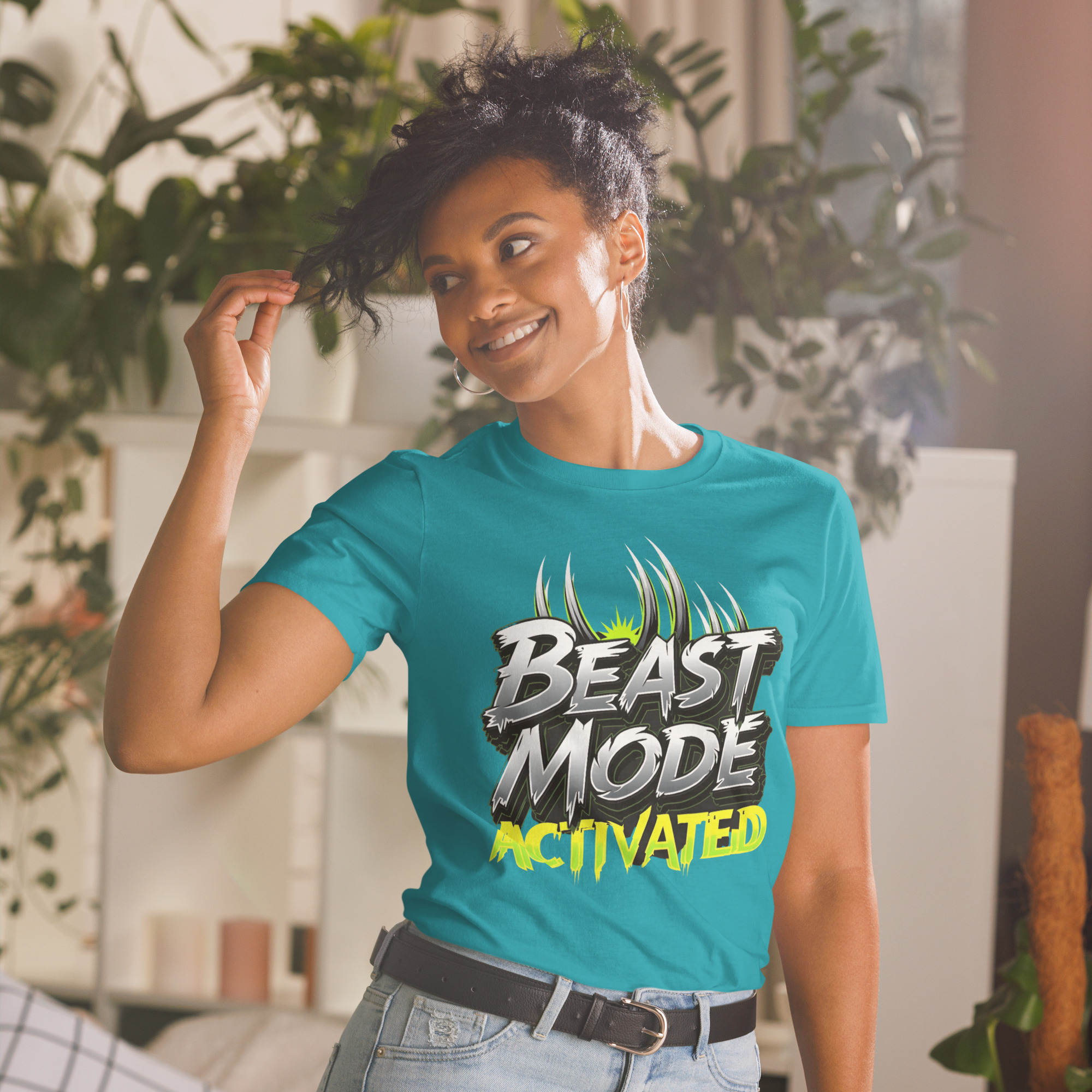 Tropical Blue Beast Mode Activated T-Shirt Motivational Graphic Tee Unisex Cotton Shirt